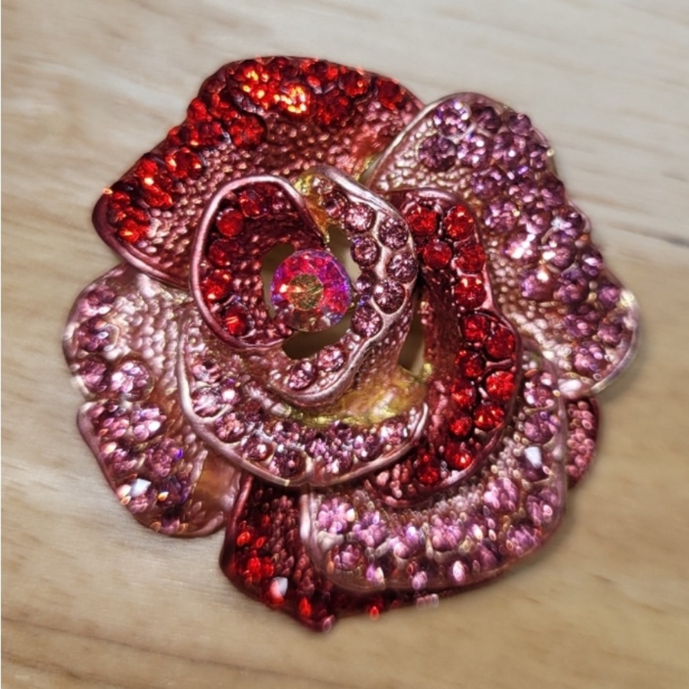 Elegant Red and Pink Crystal Flower Brooch